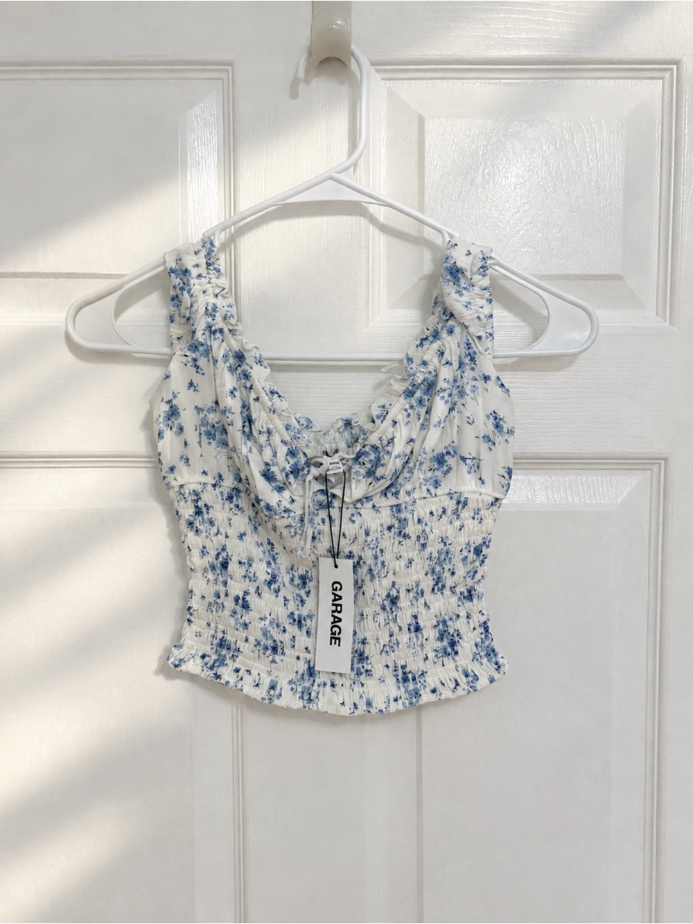 Garage White Floral Smocked Cami with Blue Print